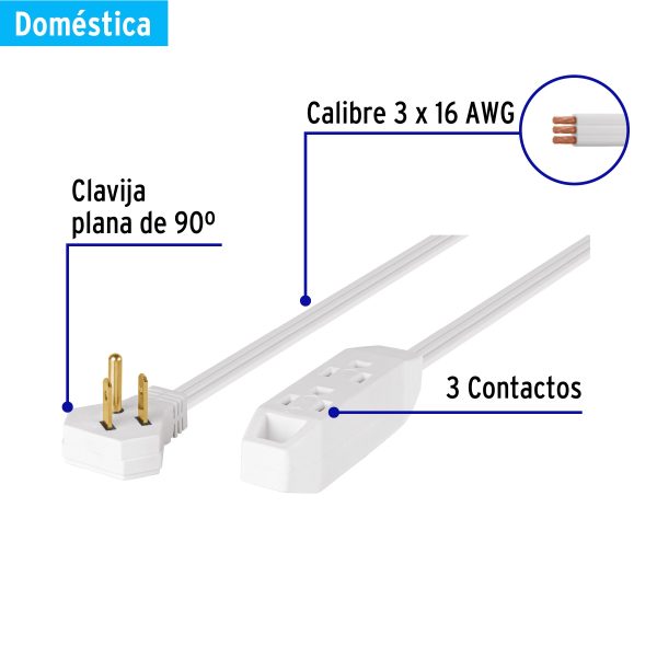 49570 - Extensión doméstica aterrizada 4 m blanca con clavija plana