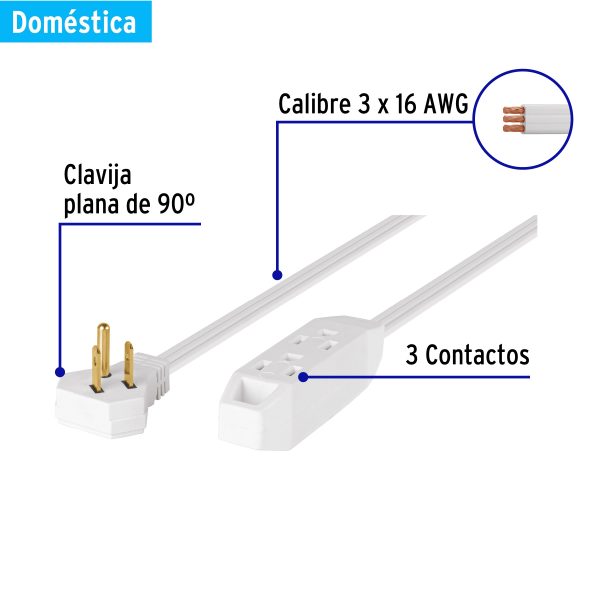 46989 - Extensión doméstica aterrizada 5 m blanca con clavija plana