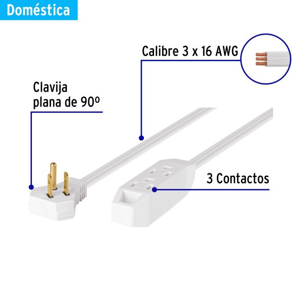 49571 - Extensión doméstica aterrizada 6 m blanca con clavija plana