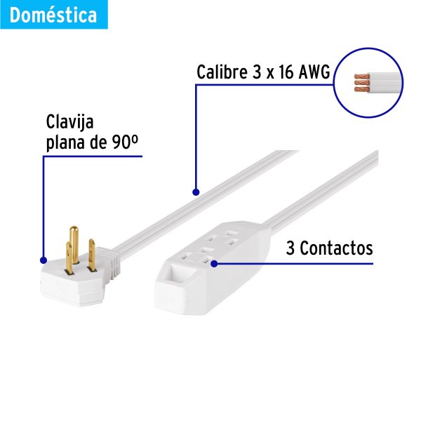 49572 - Extensión doméstica aterrizada 8 m blanca con clavija plana