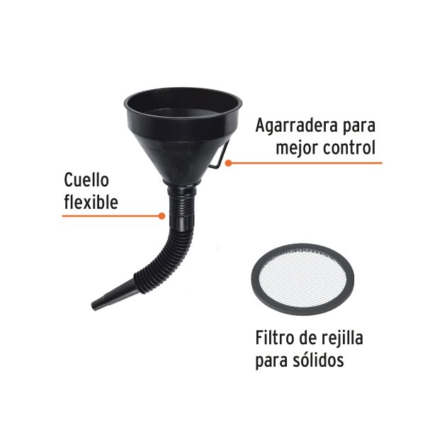 11207 - Embudo plástico 500 ml, cuello flexible con filtro, Truper