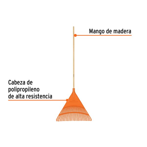 19788 - Escoba plástica para jardín, rígida, 26 dientes, mango 48'