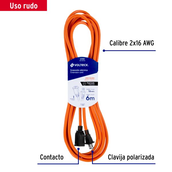 40189 - Extensión eléctrica uso rudo 6m 2x16 AWG para 1 clavija