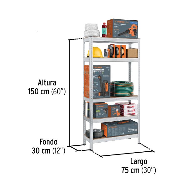 29021 - Estante metálico 5 repisas MDF cap. 35 Kg,150x30x75, PRETUL