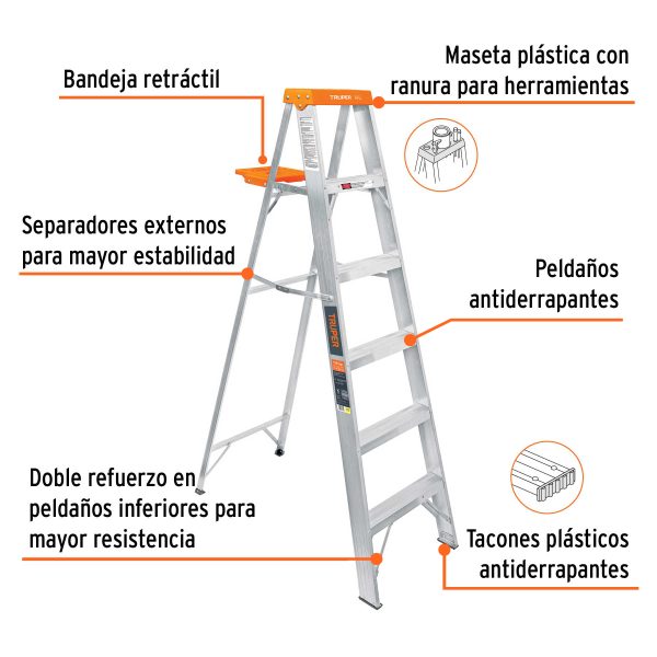 10335 - Escalera de tijera tipo ll 5 peldaños y bandeja, Truper