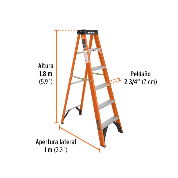 100225 - Escalera de tijera, tipo ll, 5 peldaños, fibra de vidrio
