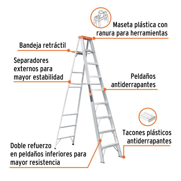 10338 - Escalera de tijera tipo ll 8 peldaños y bandeja, Truper