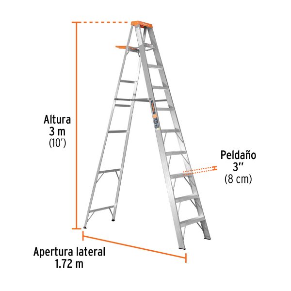 10436 - Escalera de tijera tipo II 9 peldaños y bandeja, Truper