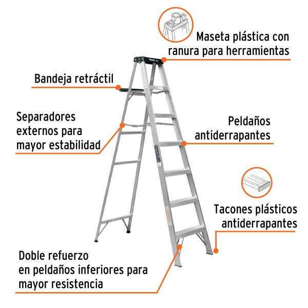10437 - Escalera de tijera tipo III 6 escalones y bandeja, Truper