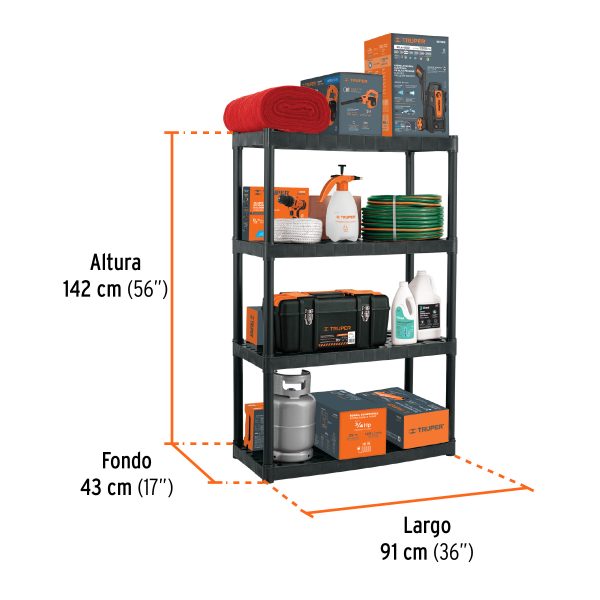 102887 - Estante plástico uso rudo 4 rep/cap. 70 Kg, 142x43x91,TRUPER