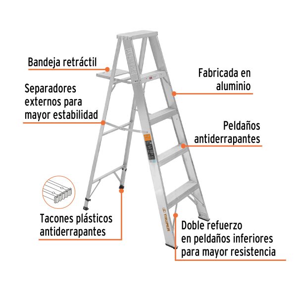 10445 - Escalera de tijera 100% aluminio tipo ll 4 peldaños, Truper
