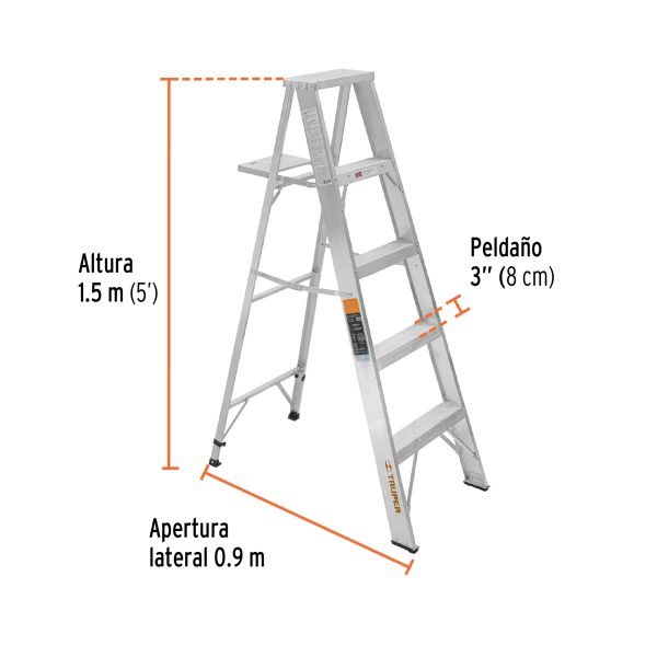 10445 - Escalera de tijera 100% aluminio tipo ll 4 peldaños, Truper