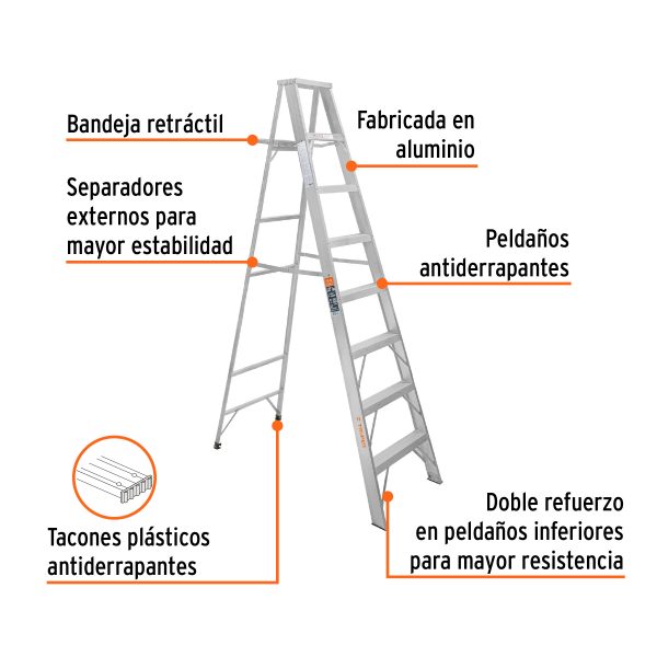 10460 - Escalera de tijera 100% aluminio tipo ll 7 peldaños, Truper