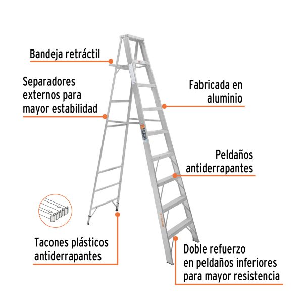 10469 - Escalera de tijera 100% aluminio tipo ll 8 peldaños, Truper