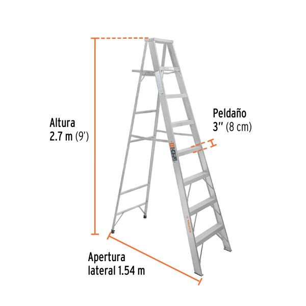 10469 - Escalera de tijera 100% aluminio tipo ll 8 peldaños, Truper