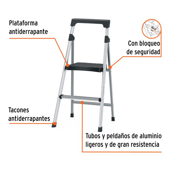 16763 - Escalera tubular plegable, 2 peldaños, aluminio, Truper