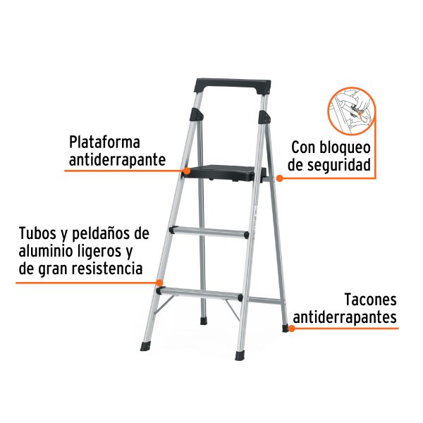 16764 - Escalera tubular plegable, 3 peldaños, aluminio, Truper