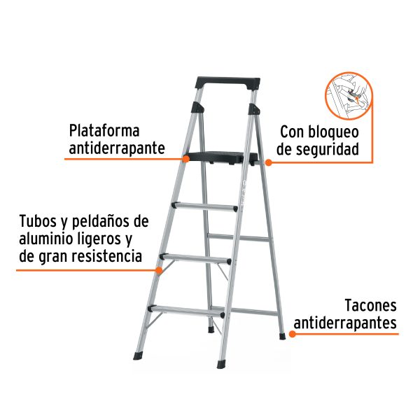 16765 - Escalera tubular plegable, 4 peldaños, aluminio, Truper