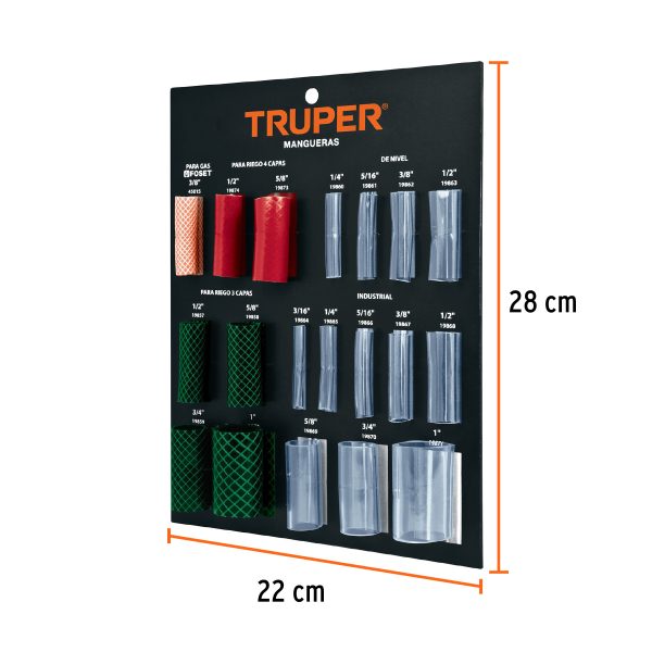 55561 - Exhibidor Truper de mangueras para jardín, nivel y gas