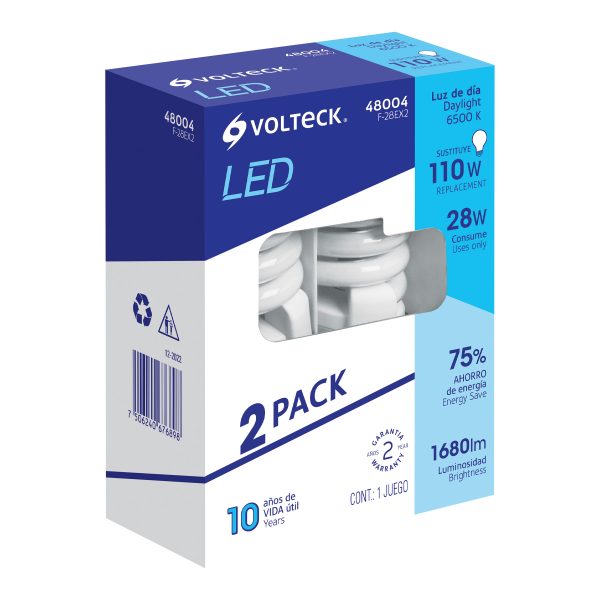 48004 - Pack 2 lámparas espiral T4 28 W luz de día, blíster, Volteck