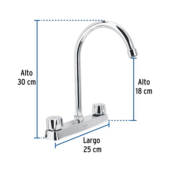 45615 - Mezcladora 8' fregadero cromo, cuello curvo,hexagonal, BASIC