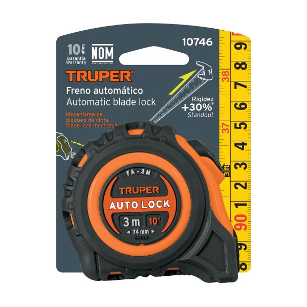 10746 - Flexómetro Auto-Lock contra impactos 3 m cinta 16 mm, Truper