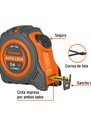 10746 - Flexómetro Auto-Lock contra impactos 3 m cinta 16 mm, Truper