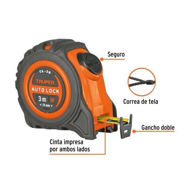 10746 - Flexómetro Auto-Lock contra impactos 3 m cinta 16 mm, Truper