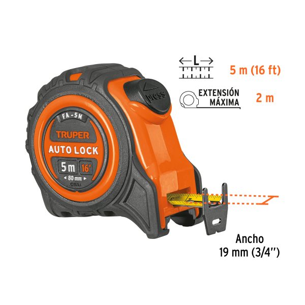 10747 - Flexómetro Auto-Lock contra impactos 5 m cinta 19 mm, Truper
