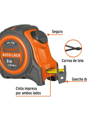 10749 - Flexómetro Auto-Lock contra impactos 8 m cinta 25 mm, Truper