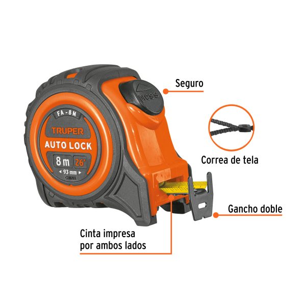 10749 - Flexómetro Auto-Lock contra impactos 8 m cinta 25 mm, Truper