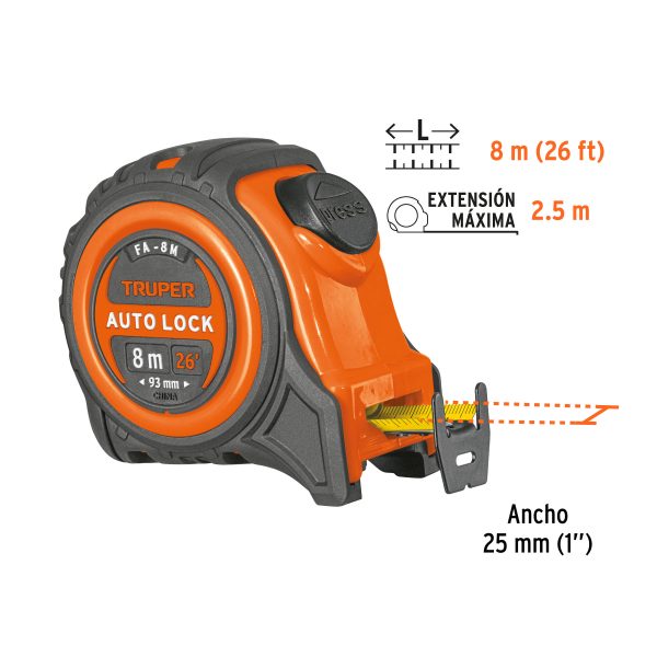 10749 - Flexómetro Auto-Lock contra impactos 8 m cinta 25 mm, Truper