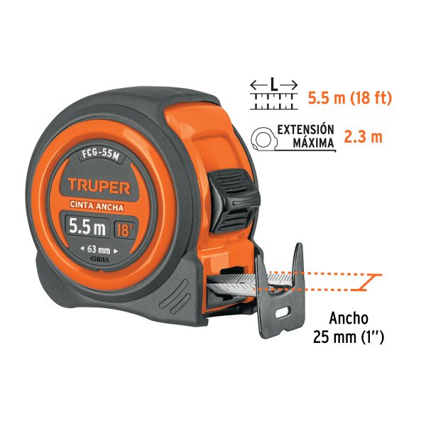 12773 - Flexómetro compacto contra impactos 5.5 m cinta 25 mm,TRUPER