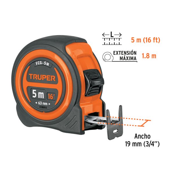 12772 - Flexómetro compacto contra impactos 5 m cinta 19 mm, TRUPER
