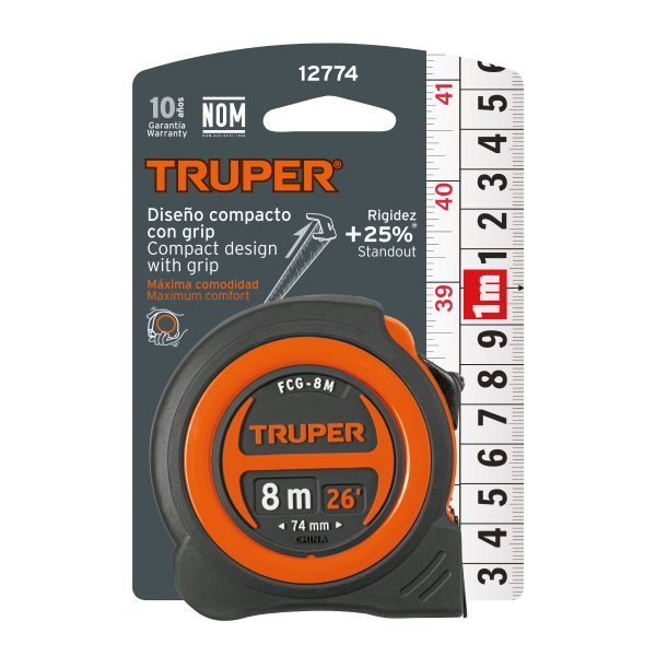 12774 - Flexómetro compacto contra impactos 8 m cinta 25 mm, TRUPER
