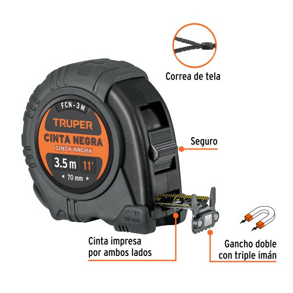 11720 - Flexómetro contra impactos 3 m, Cinta Negra 13 mm, Truper