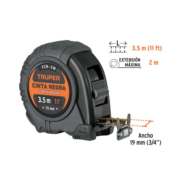 11720 - Flexómetro contra impactos 3 m, Cinta Negra 13 mm, Truper