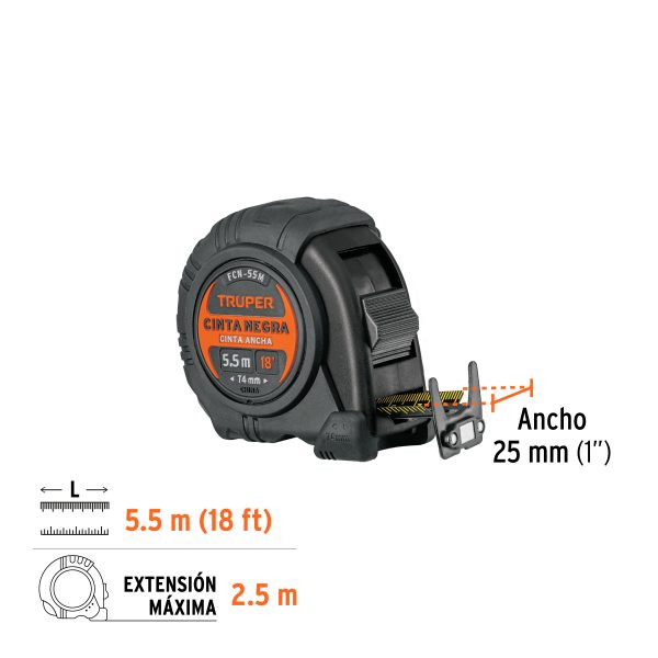 11745 - Flexómetro contra impactos 5.5 m, Cinta Negra 25 mm, Truper
