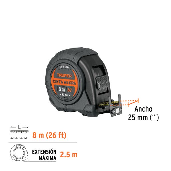 11747 - Flexómetro contra impactos 8 m, Cinta Negra 25 mm, Truper