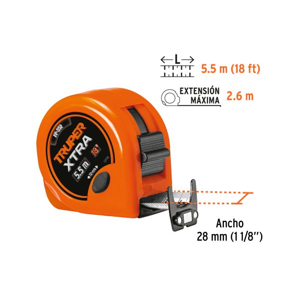 15385 - Flexómetro XTRA 5.5 m cinta extra ancha 28 mm, Truper