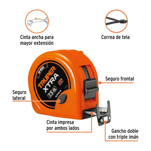 15025 - Flexómetro XTRA 7.5 m cinta extra ancha 28 mm, Truper