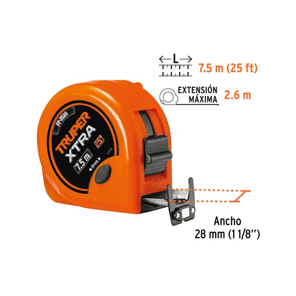 15025 - Flexómetro XTRA 7.5 m cinta extra ancha 28 mm, Truper