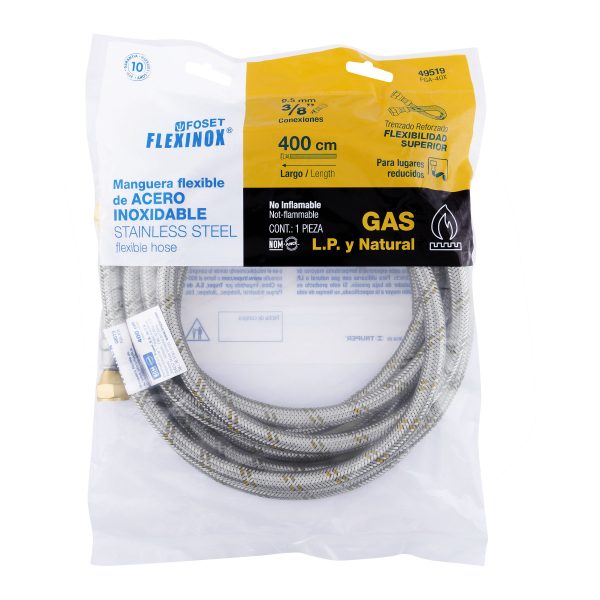 49519 - Manguera para gas, acero inox, 3/8' x 3/8', 400 cm, Foset