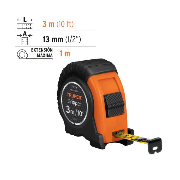 14577 - Flexómetro Gripper contra impactos 3 m cinta 13 mm, Truper