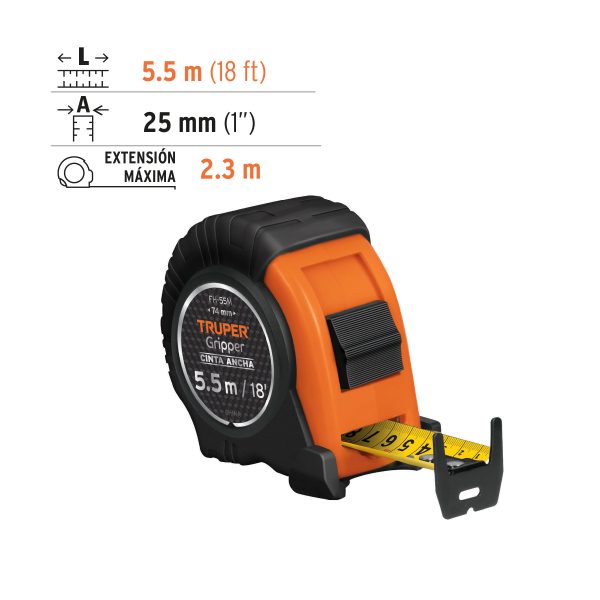 14613 - Flexómetro Gripper contra impactos 5.5 m cinta 25 mm, Truper