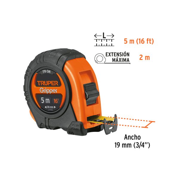 14578 - Flexómetro Gripper contra impactos 5 m cinta 19 mm, Truper