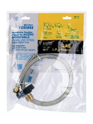 49136 - Manguera pigtail, acero inox, 7/16' x 7/8', 55 cm, Foset