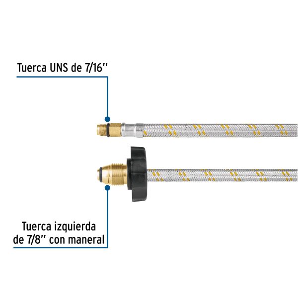 49136 - Manguera pigtail, acero inox, 7/16' x 7/8', 55 cm, Foset