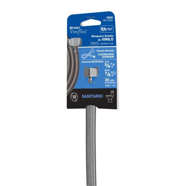 45503 - Manguera p/WC, vinilo gris, 3/8'x7/8' , 30cm, plástico/latón