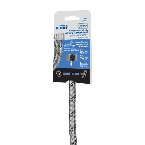 FWC-P50XLE1.jpg 45501 - Manguera p/WC, acero inox, 3/8'x7/8', 50cm, plástico/latón